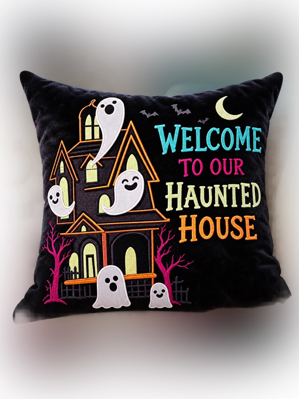 Halloween Midnight Market Welcome to Our Haunted House Throw Pillow 16 x 16”